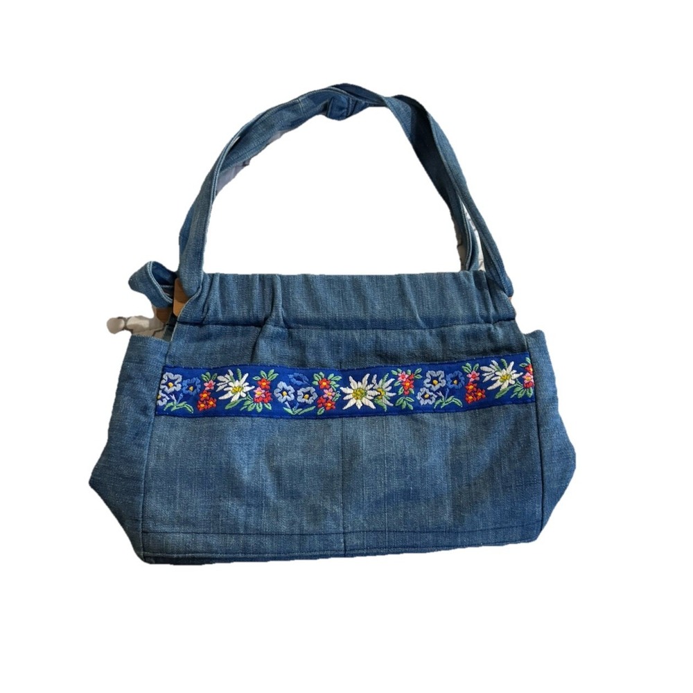 Vintage Denim Handbag Womens OS Blue Excellent Floral Embroidered Tyrolean